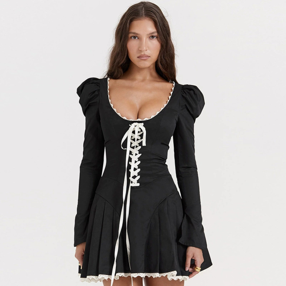 ZARA Chic Long Sleeve V Neck Drawstring Waist Fitted Short A Line Dress
